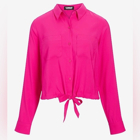 Express Hot Pink Tie-Hem Button-Down Shirt - Picture 7 of 7